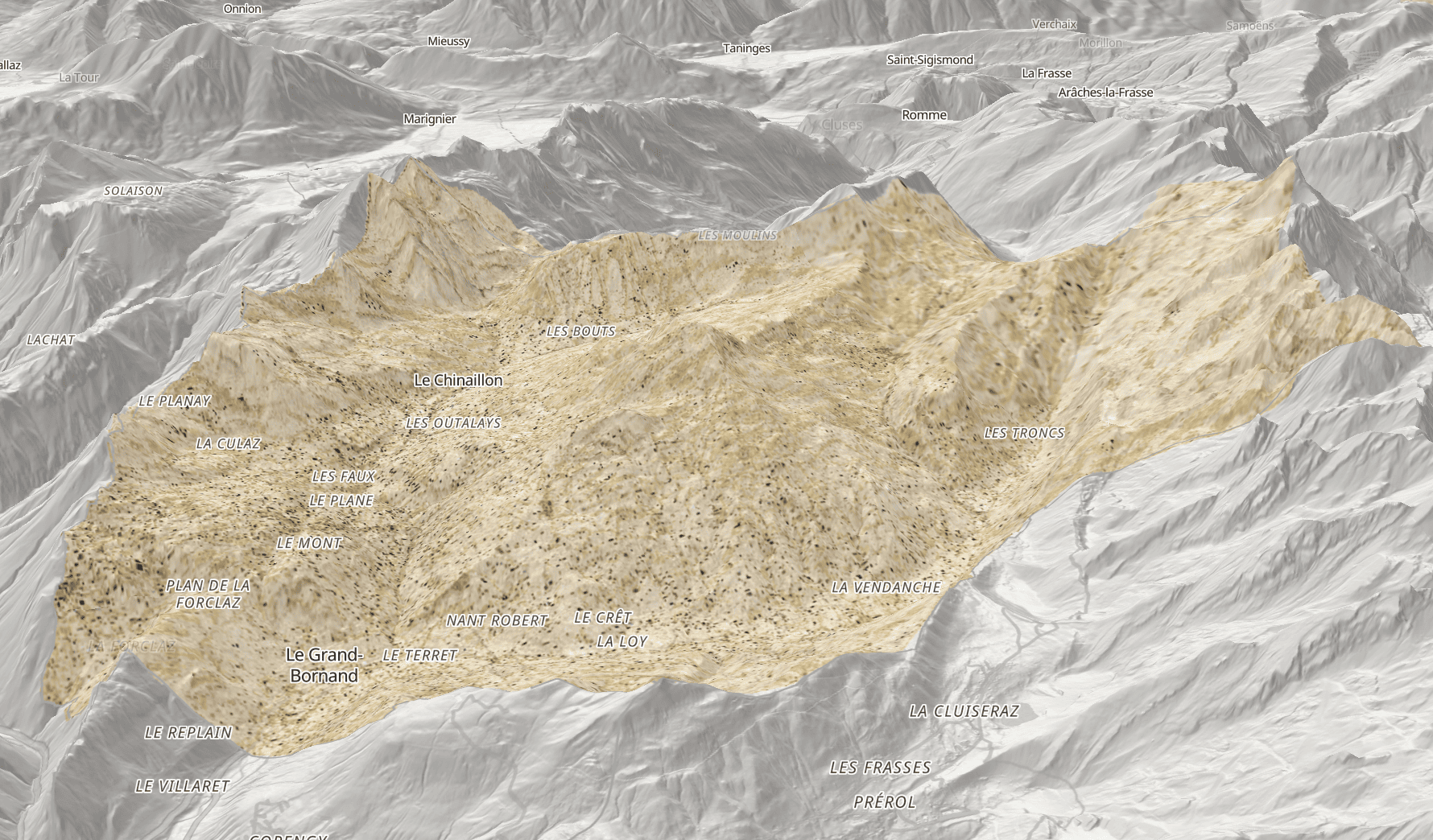 Les mappes sardes posées sur le relief en 3D