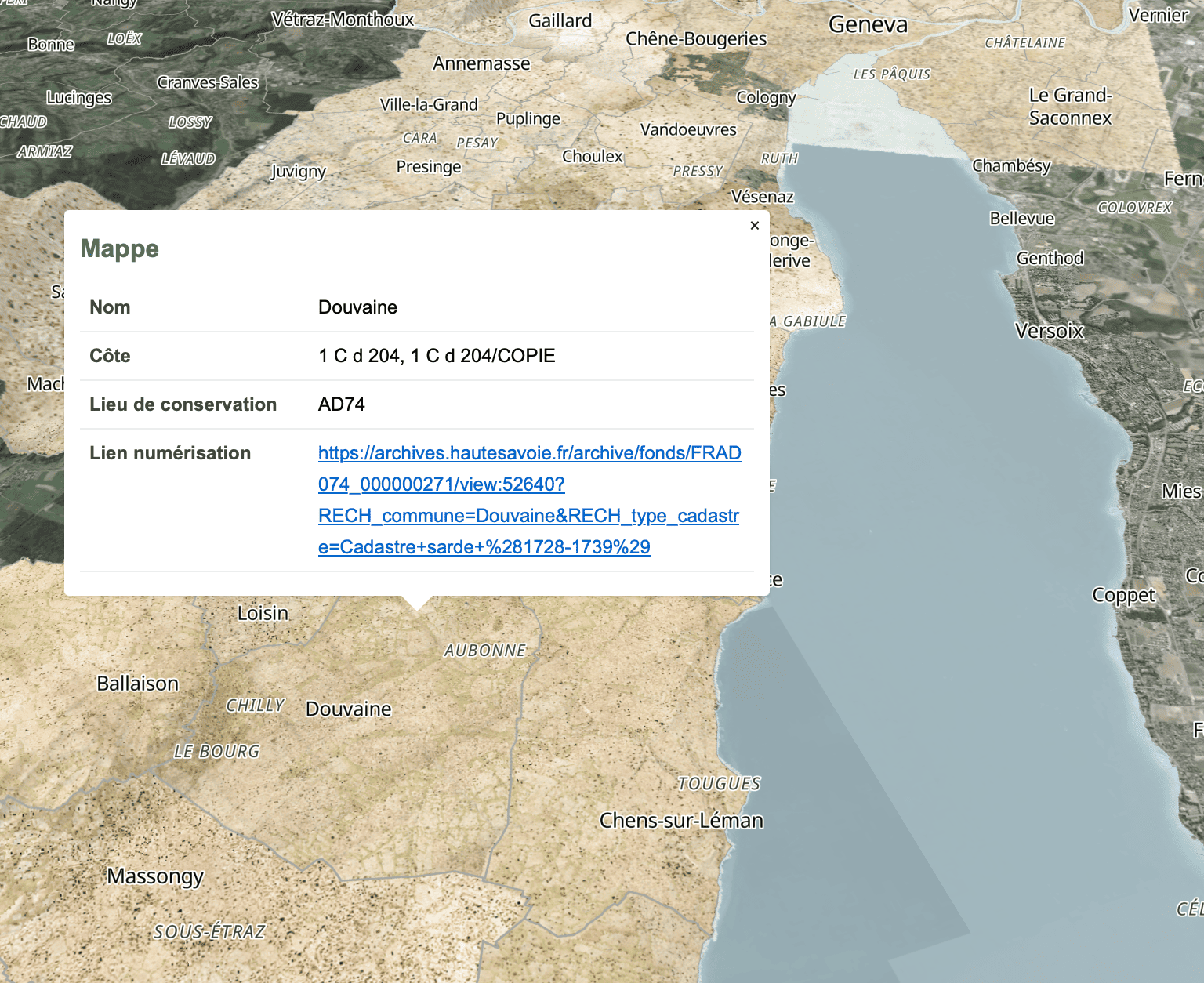 Fiche d'une mappe avec ses références d'archives